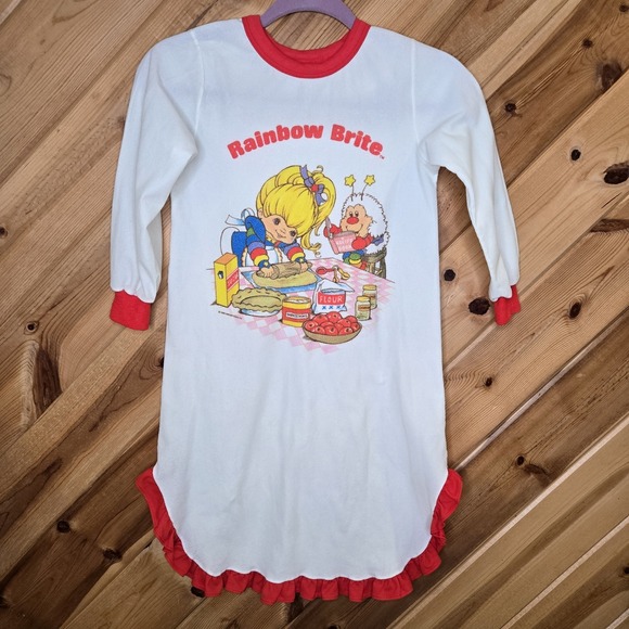 Vintage Rainbow Bright Nightgown Girls Small 5/6 1983 Cartoon Fleece White - Picture 1 of 10